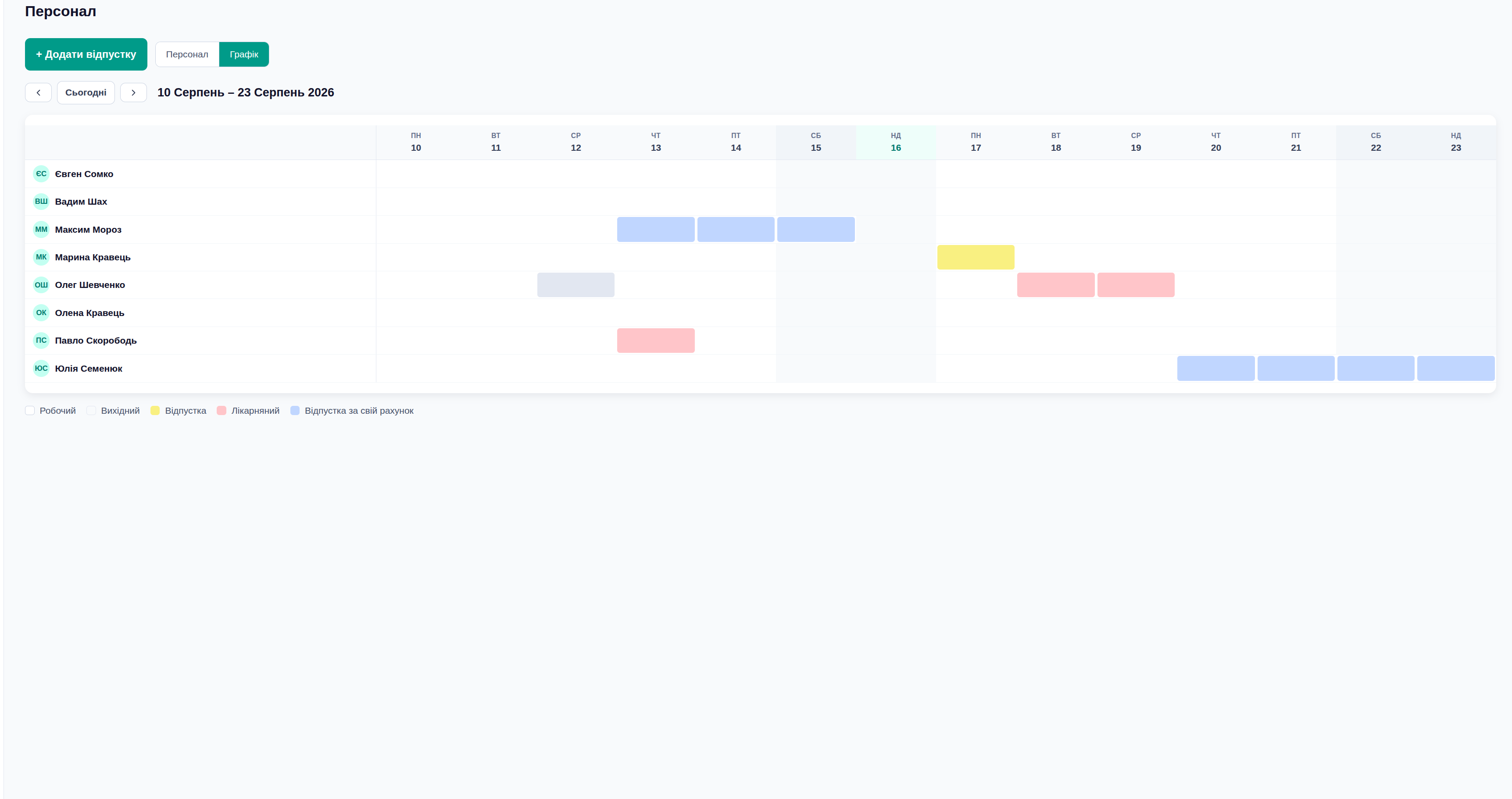 Klinerix staff calendar with vacations and sick leave